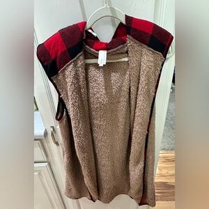 Cozy Red Plaid and Tan Sherpa Hooded Vest